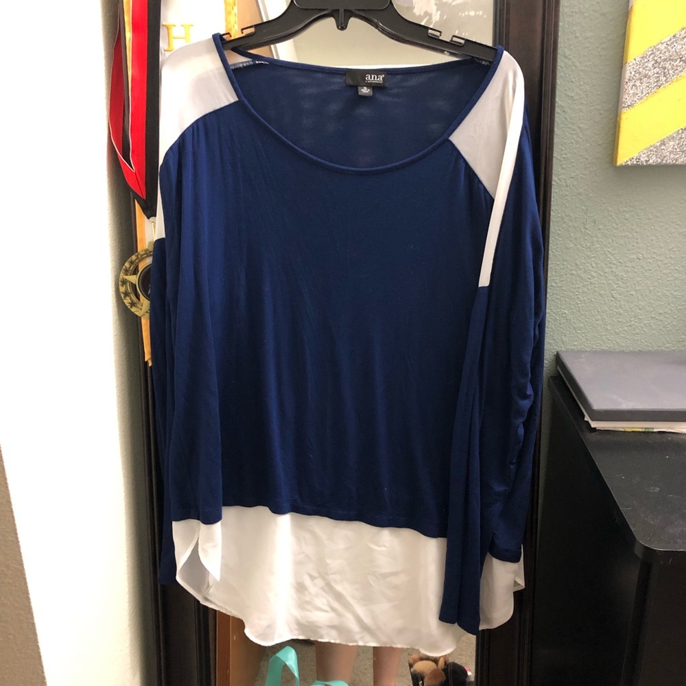 Long Sleeve Navy Blouse with Sheer Sleeve Accents